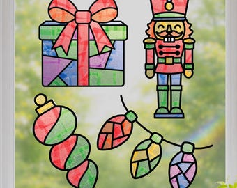 Vintage Christmas Craft Set for Kids, 4 Winter Holiday Suncatcher Sticker Family Activity