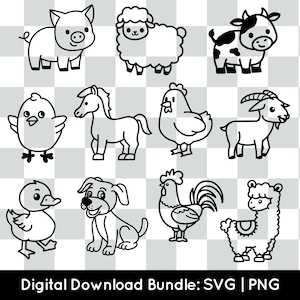 farm animal bundle PNG SVG, commercial use svg for cricut, silhouette cut file, chicken llama cow horse sheep duck dog pig barnyard clipart