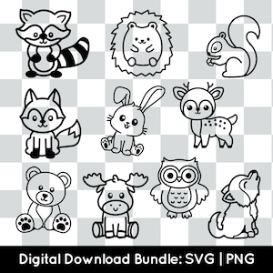 Bundle d'animaux des bois PNG SVG, usage commercial, fichier de coupe forêt svg pour cricut silhouette, renard raton laveur hérisson cerf orignal ours hibou lapin