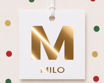 Custom Monogram Holiday Gift Tags, Personalized Initial Name Foil Christmas Favor Tags