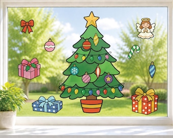 Decorate a Christmas Tree Window Cling Kit, Reusable Christmas Decorations, Mix & Match Kids Holiday Activity