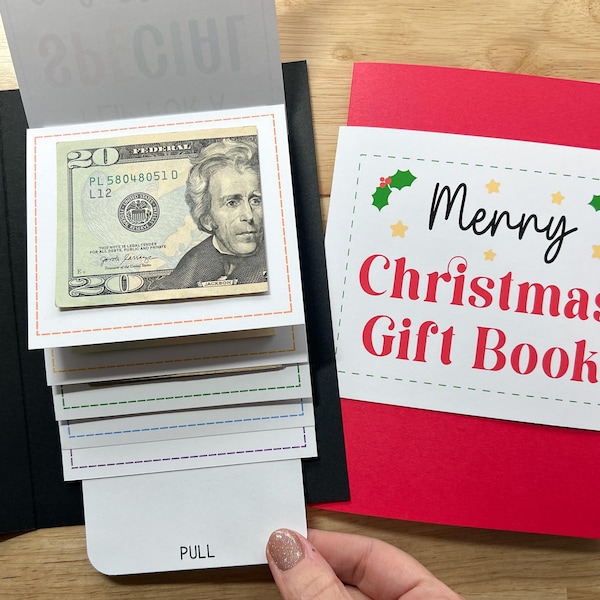 Christmas Waterfall Money Holder Book, Handmade Cash Holder Holiday Card, Stocking Stuffer for College Student