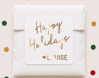 Personalized Happy Holidays Favor Stickers, Custom Christmas Foil Gift Labels