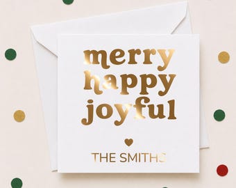 Personalized Merry Happy Joyful Christmas Foil Gift Notes, Custom Name Holiday Enclosure Cards