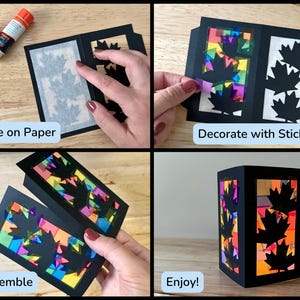 May include: A step-by-step guide to creating a paper lantern. The process includes gluing paper, decorating with stickers, assembling the lantern, and enjoying the finished product. The lantern features black maple leaf cutouts and colorful translucent paper.