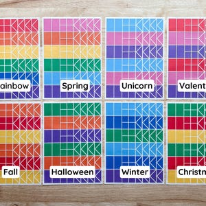 four different colored squares with different words on them