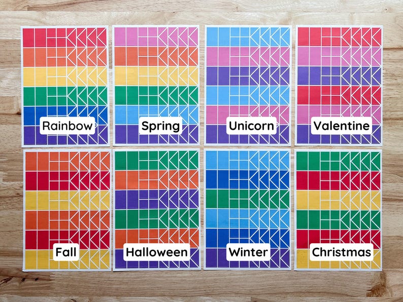 four different colored squares with different words on them