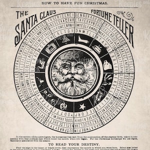 May include: A vintage black and white illustration of Santa Claus with a fortune teller wheel. The wheel has a list of names around the outside and a list of months of the year inside. The text reads "How to Have Fun Christmas. The Santa Claus Fortune Teller. To Read Your Destiny. The Twelve Signs of Birth. Don't Forget R. Mornhinveg's Immense Line of Holiday Goods, Main St., Opelousas, LA."