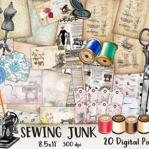 Vintage Sewing Junk Journal Printables, Sewing Digital Collage Sheets, Sewing Junk Journal Ephemera, Shabby Chic, Sewing Junk Journal Kit