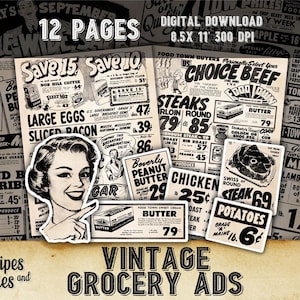 Peut inclure: Téléchargement numérique de 12 pages de publicités d'épicerie vintage. L'image présente des illustrations et du texte rétro, y compris les prix d'articles comme les œufs, le bacon, le beurre et le bœuf. L'image comprend le texte "Swipes and Keepies" et "Vintage Grocery Ads."