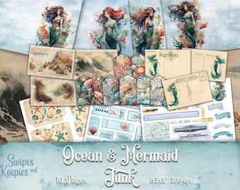 Può includere: Una collezione di materiali effimeri a tema oceano e sirena, tra cui cartoline, etichette e carte decorative. Il design presenta illustrazioni ad acquerello di sirene, conchiglie e onde oceaniche. Il testo sull'immagine recita "Ocean & Mermaid Junk".