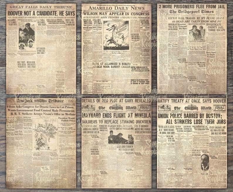 May include: A collection of six vintage-style newspaper pages with aged, sepia-toned paper. Headlines include "Hoover Not a Candidate," and "Wilson May Appear in Congress." The newspapers feature various articles and illustrations.