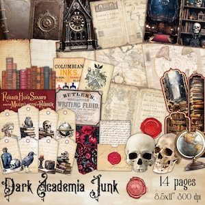 Dark Academia Digital Junk Journal Kit, gotische afdrukbare ephemera, oud boekpapier, bibliotheekcollageblad, magische school, tovenaarheksboek