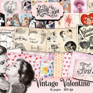 Vintage Valentine Ephemera, Digital Download, Vintage Valentine&#39;s Day Cards, Printable Shabby Valentine, Junk Journal Valentine, Kissing