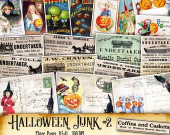 May include: A collage of vintage Halloween images featuring pumpkins, witches, and black cats. The images are arranged in a grid pattern and have a distressed, antique look. The text "HALLOWEEN JUNK #2" is at the bottom of the collage.