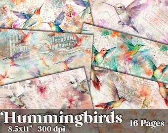 Hummingbird Junk Journal Kit, Vintage Journal Papers, Watercolor Flower Junk, Printable Birds Kit, Hummingbird Pattern Paper, Digital