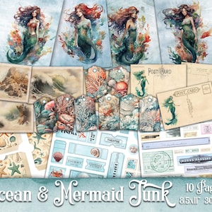 Ocean and Mermaid Junk Journal Kit, Digital Download, vintage Mermaid Junk Journal, Printable Junk Journal Paper, Digital Collage Sheets
