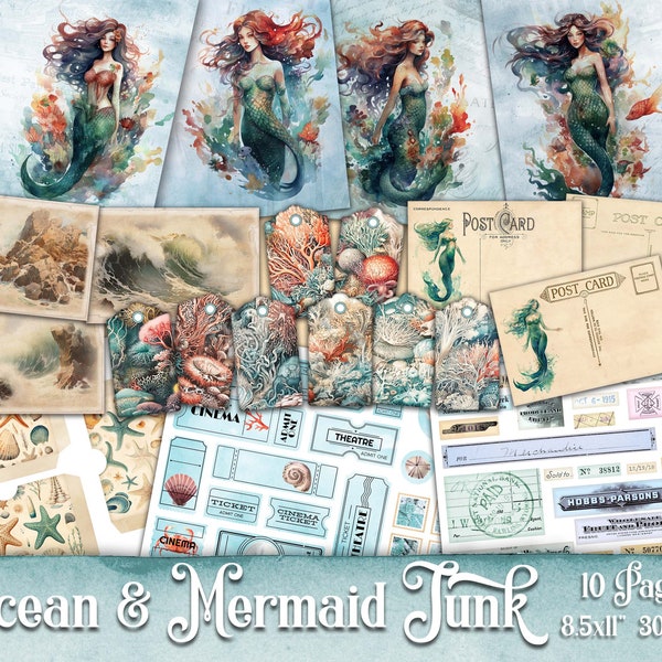 Ocean and Mermaid Junk Journal Kit, Digital Download, Vintage Mermaid Junk Journal, Printable Junk Journal Paper, Digital Collage Sheets