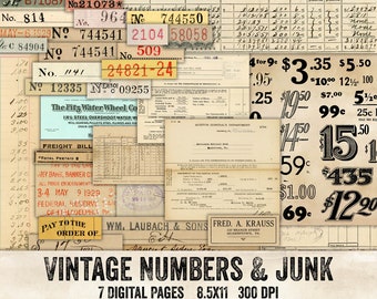 Vintage nummerlabels - vintage papier kortstondig - digitaal kortstondig - afdrukbare ongewenste dagboeken - rode afdrukbare nummers - digitaal antiek papier
