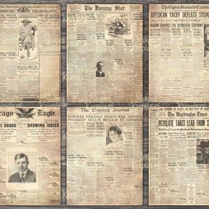 May include: A collection of six vintage newspaper pages with aged, sepia-toned paper. Headlines include "American Yacht Defeats Shamrock IV" and "Renewed Violence Sweeps Rail Centers." The newspapers feature black and white photographs and detailed text.