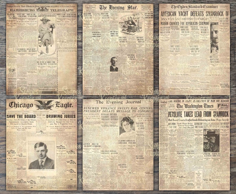 May include: A collection of six vintage newspaper pages with aged, sepia-toned paper. Headlines include "American Yacht Defeats Shamrock IV" and "Renewed Violence Sweeps Rail Centers." The newspapers feature black and white photographs and detailed text.