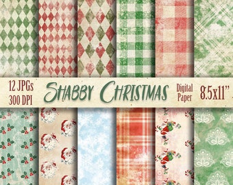 May include: Twelve digital paper designs in a shabby chic style with Christmas themes. The designs include red and green plaid, diamond patterns, Santa Claus, holly, snowflakes, and candy canes. The papers are 8.5 x 11 inches and 300 DPI.