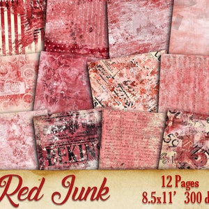 Pagine di giornale spazzatura stampabili rosse, Ephemera rosso, Effimero rosso vintage, Fogli di collage digitali rossi, Carta scrapbook rossa squallida, Borgogna, Rubino
