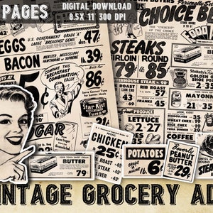 Vintage afdrukbare supermarkt krantenadvertenties, digitale keuken Ephemera, afdrukbare koken ephemera, junk journal bakken, keuken collage vellen