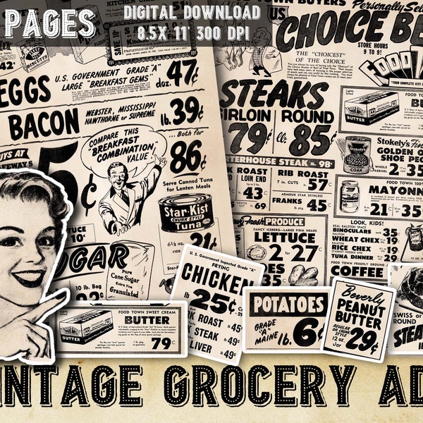 Vintage Printable Grocery Newspaper Ads, Digital Kitchen Ephemera, Printable Cooking Ephemera, Junk Journal Baking, Kitchen Collage Sheets