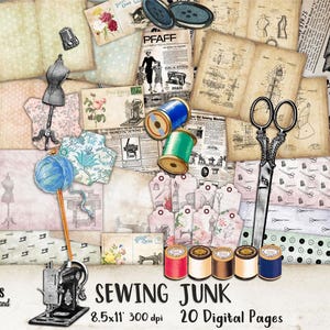 Puede incluir: Un collage de objetos de costura vintage. Incluye recortes de periódicos antiguos, patrones de costura, carretes de hilo, tijeras, botones y un maniquí en miniatura. El texto "SEWING JUNK" y "20 Digital Pages" son visibles.