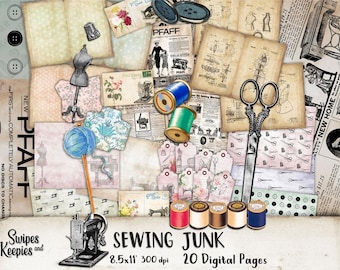 May include: A collage of vintage sewing-themed ephemera. It includes old newspaper clippings, sewing patterns, spools of thread, scissors, buttons, and a miniature dress form. The text "SEWING JUNK" and "20 Digital Pages" are visible.