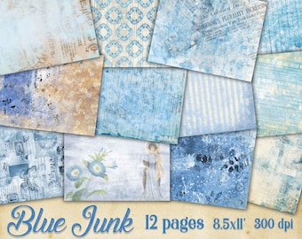 May include: A set of 12 digital paper backgrounds in blue and white with various patterns, including stripes, floral designs, and vintage newspaper text. The papers are 8.5 inches by 11 inches and 300 dpi.