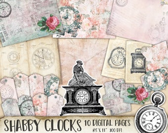 Shabby Clocks - Junk Journal Printables, Clock Digital Collage Sheets, Time Junk Journal Ephemera, Shabby Chic, Clock Junk Journal Kit