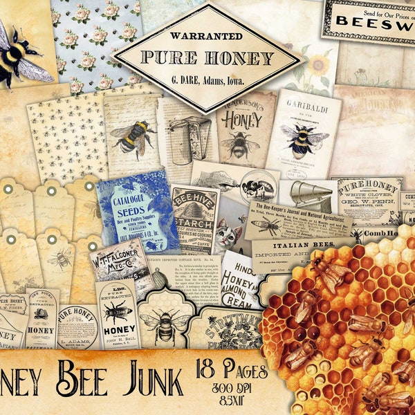 Vintage Honey Bee Printable Junk Journal Kit, Vintage Bee Ephemera, Printable Honey Ephemera, Honey Bee Collage Sheets, Bee Tags, Honey Bee