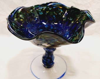 Murano Style Handblown Glass Compote / Pedestal Bowl Cobalt Signed KC2006