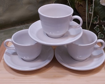 Fiesta Ware White Cups & Saucers Set of 3 Homer Laughlin Co