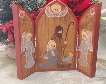 Folk Art Nativity One Piece Hand Painted on Wood