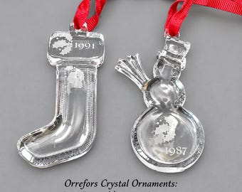 Orrefors Crystal Christmas Ornament Stocking, Snowman 1980s-1990s Sold Individually