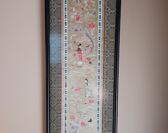 Asian Embroidered Art on Silk Tapestry Professionally Framed