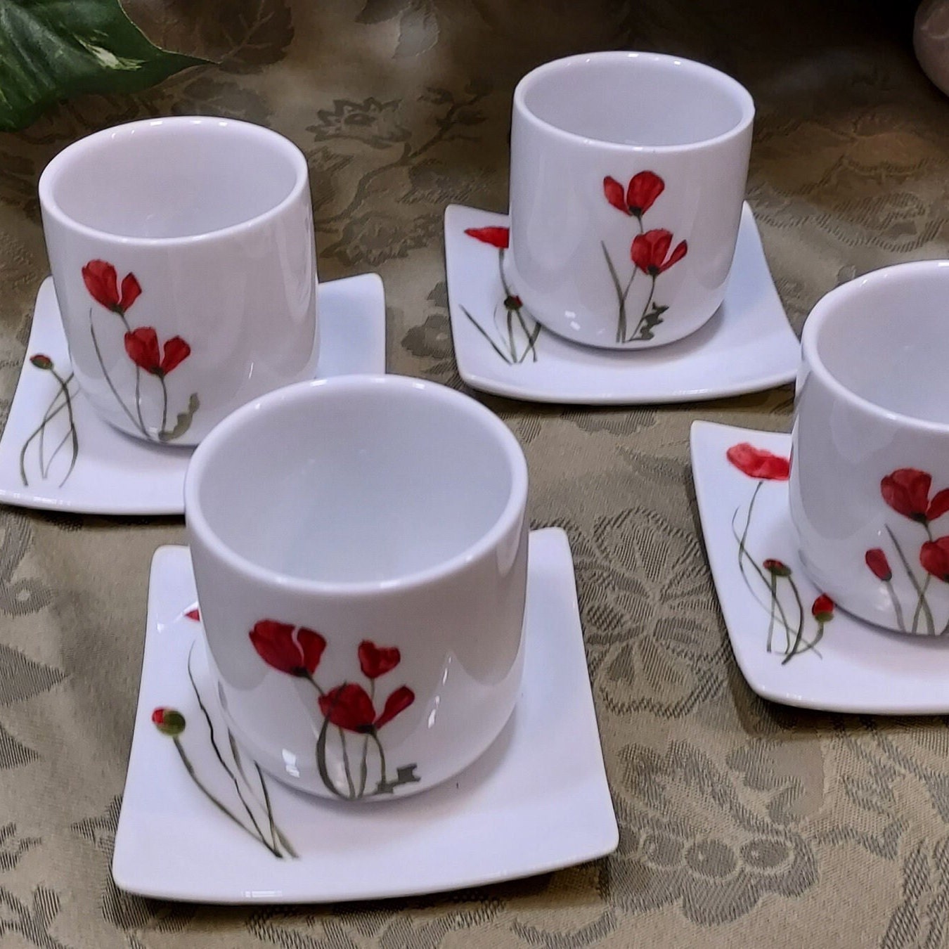 Porcelain Saki Cups Saucers by MP Samie Union Limousine Set of 4