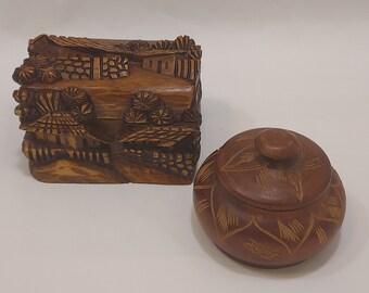 Hand Carved Wooden Trinket Boxes Set of 2