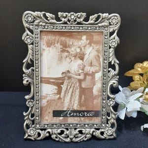 Ornate Picture Frame Pewter Finish Floral Theme Faux Diamonds 4 x 6 Inch Image by Amora Early 2000s