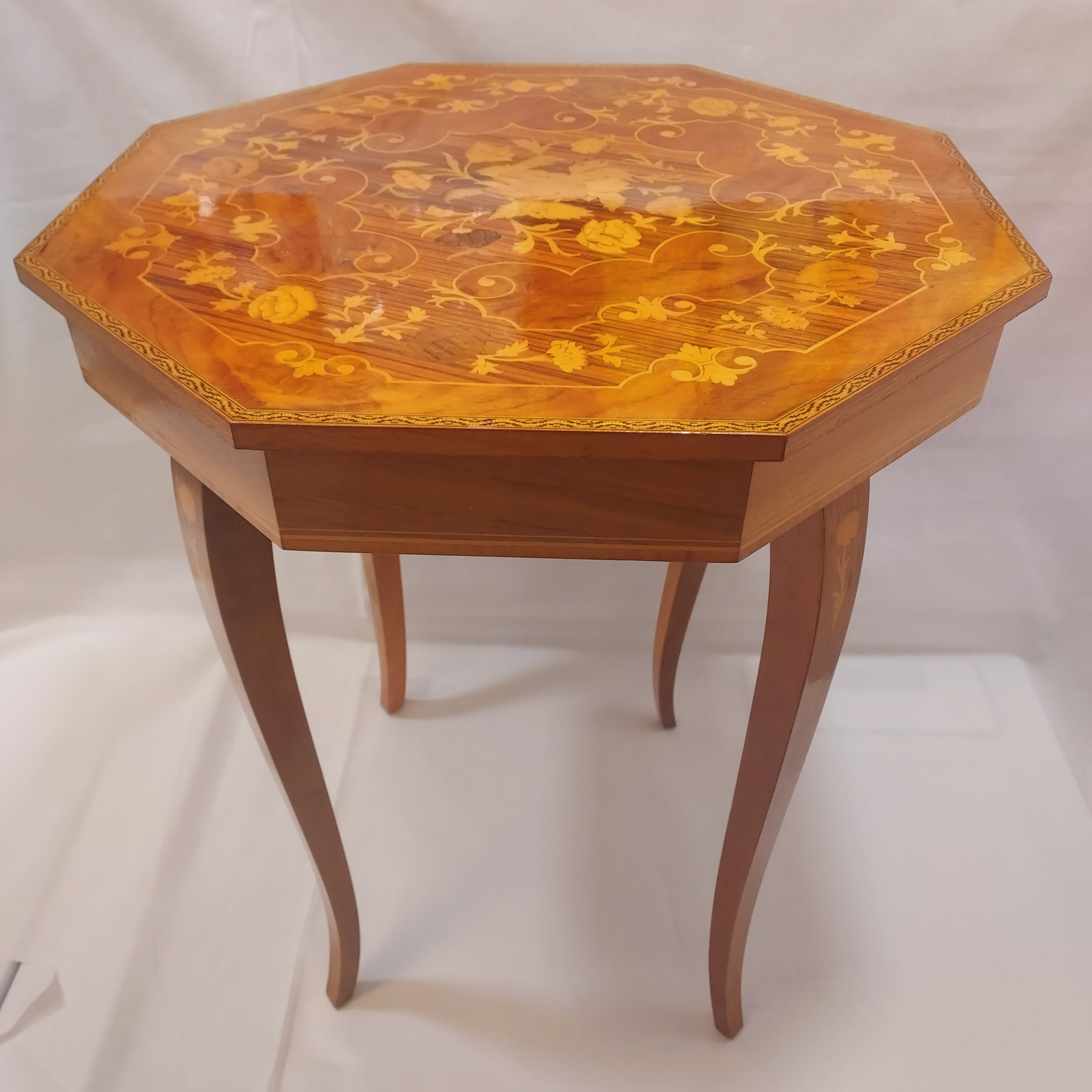 Italian Marquetry Octagon Wooden Side Table With Functional Music