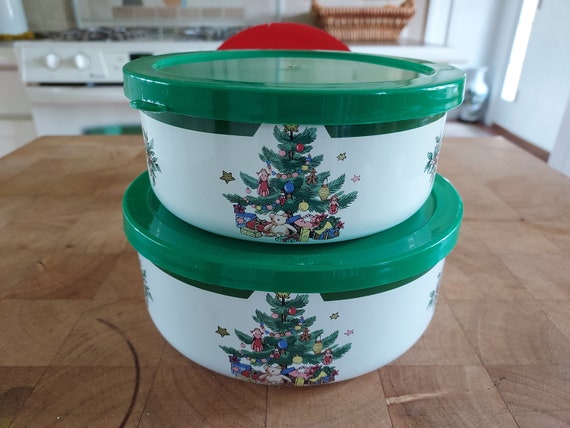 Christmas Storage Bowl Set With Lids Enamel on Steel Set of 2 