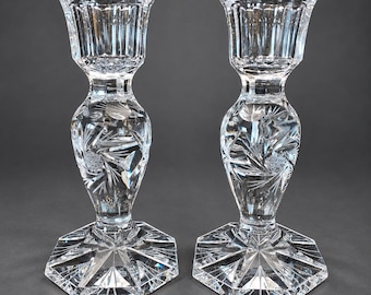 American Cut Crystal Eleanor Candlestick Holders 5.5 Inches Set of 2