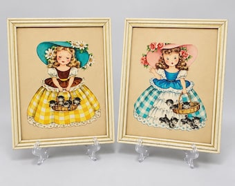 Pair Vintage 1950s Mid Century Nursery Prints Girl with Kittens 3D Cutout Framed Set