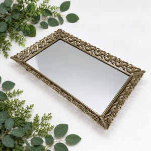 Mirrored Vanity Tray Antiqued Gold Tone Filigree and Glass 15 x 10 Inches 1970s