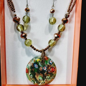 Boho Murano Glass Pendant Necklace & Earring Set Green and Bronze Beaded Erica Lyons 1980s