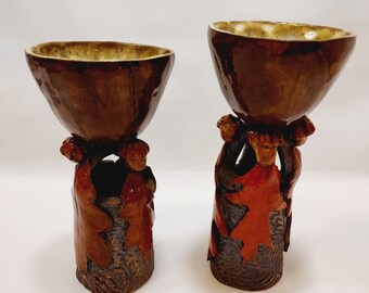 Handmade Pottery Wine Goblets Oak & Acorn Design Set of 2