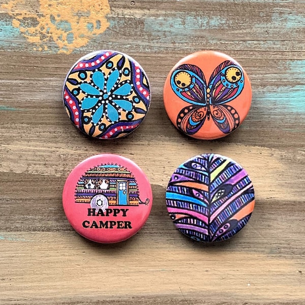 Happy Camper Button Pins and Magnets |Unique Designer Buttons and Badges